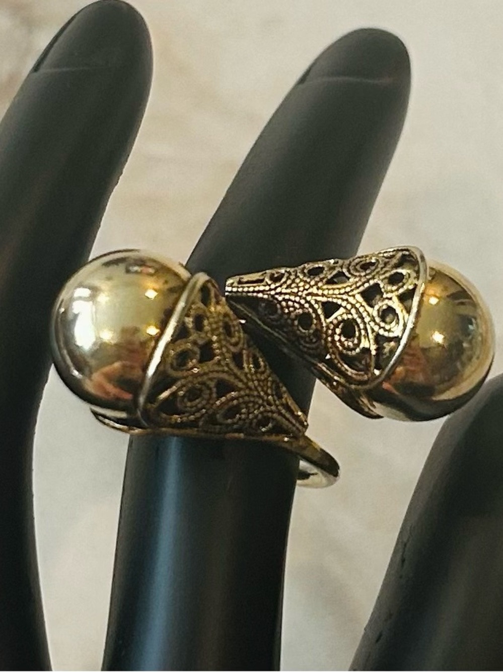 Vintage Elegant Gold Toned Filigree Cone Statement Ring with Orb Accents
